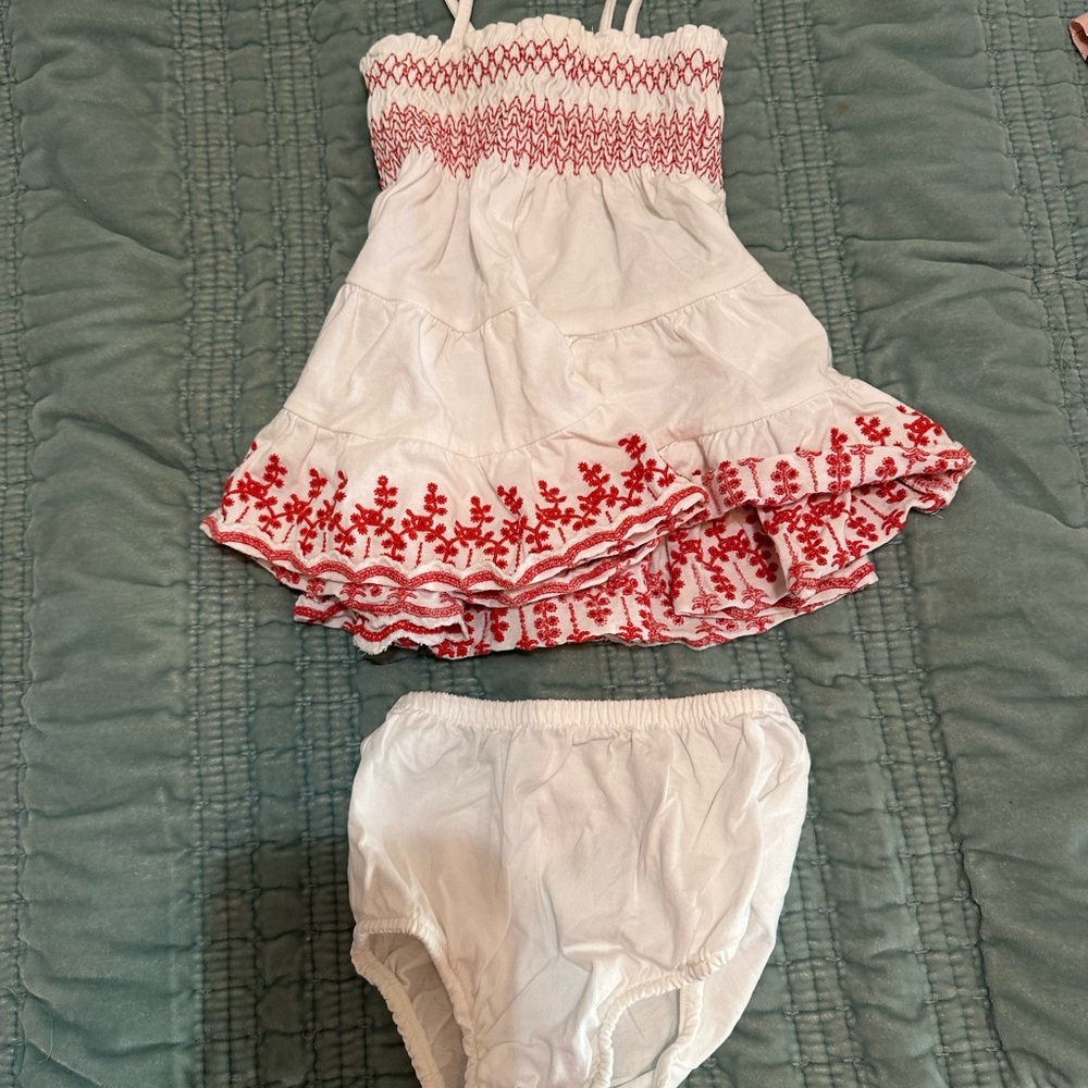Ralph Lauren Baby Set with Red Embroidered Hem and Bloomer